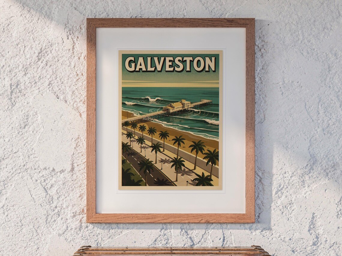 Galveston Texas Surf Travel Poster print in a Red Oak frame with a white mat, hanging above the trunk in a beach house loft.