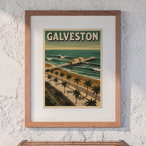 Galveston Texas Surf Travel Poster print in a Red Oak frame with a white mat, hanging above the trunk in a beach house loft.