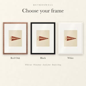 Frame options for Ocean City, New Jersey Surf Pennant: Red Oak, black and white wood frames, each with a white mat.