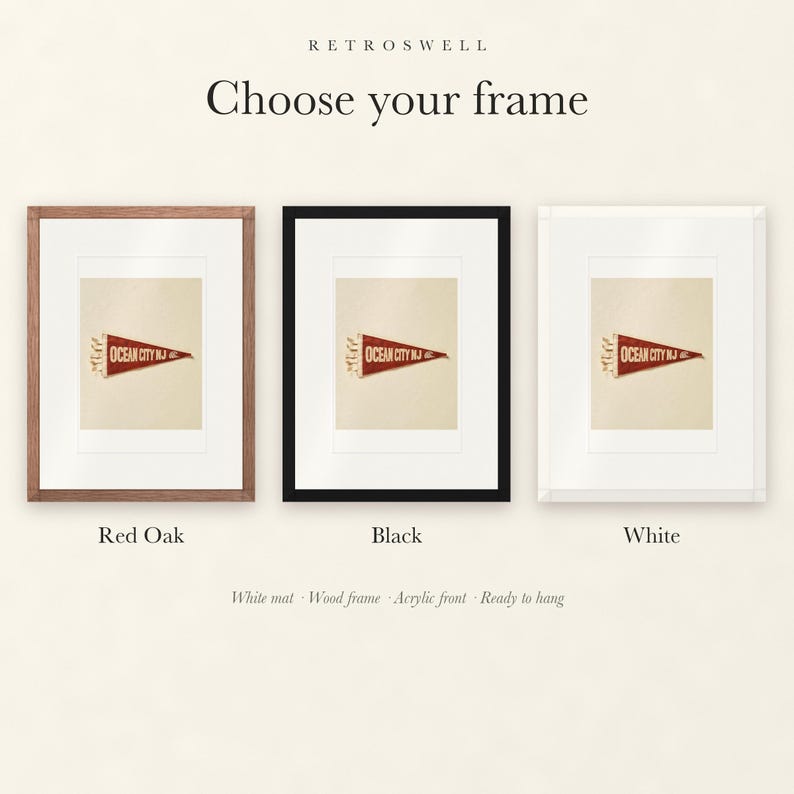 Frame options for Ocean City, New Jersey Surf Pennant: Red Oak, black and white wood frames, each with a white mat.