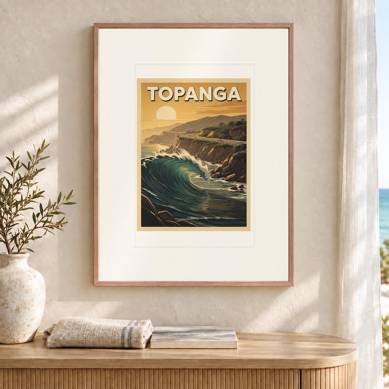 Póster de viaje de surf de Topanga, enmarcado o sin enmarcar, estilo costero vintage. imagen 12