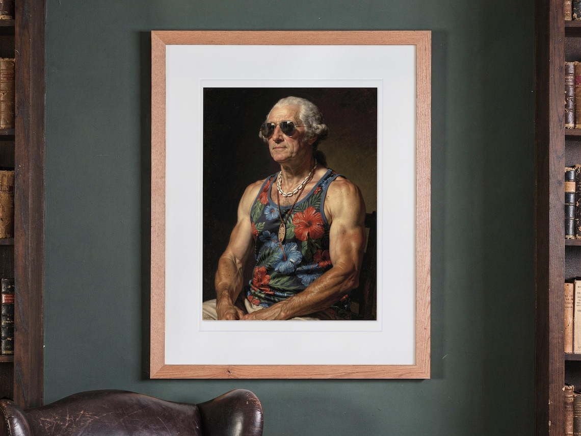 George Washington print in a Red Oak frame with a white mat, hanging on the wall between the shelves in a home library.