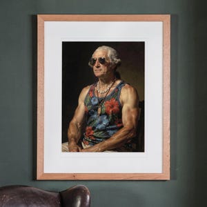 George Washington print in a Red Oak frame with a white mat, hanging on the wall between the shelves in a home library.