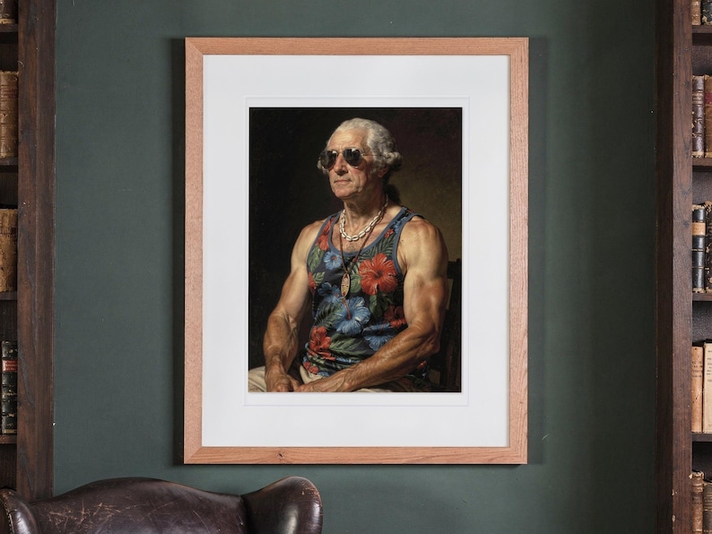 George Washington print in a Red Oak frame with a white mat, hanging on the wall between the shelves in a home library.