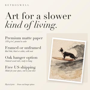 Black and White Surfing Dog Art Print, Framed or Unframed Coastal Poster image 11