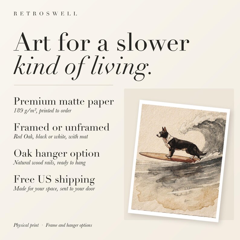 Black and White Surfing Dog Art Print, Framed or Unframed Coastal Poster image 11