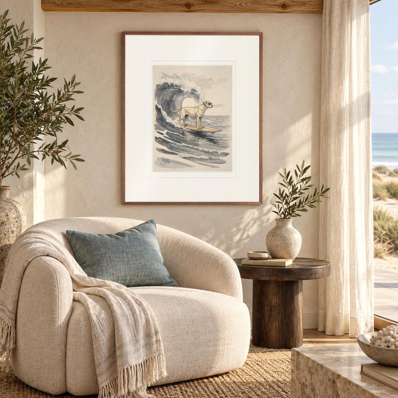 Labrador Surfing print in a Red Oak frame with a white mat in a light-filled coastal sitting room.