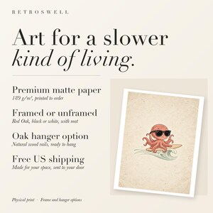 RetroSwell print details for Surfing Octopus: premium 189 g/m² matte paper, framed or unframed, oak hanger option, free US shipping.