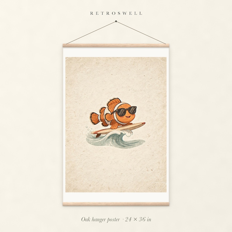 Surfing Clownfish oak hanger poster, 24 by 36 inches, with natural wood rails and a hanging cord.