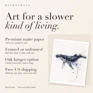 RetroSwell print details for Humpback Whale: premium 189 g/m² matte paper, framed or unframed, oak hanger option, free US shipping.
