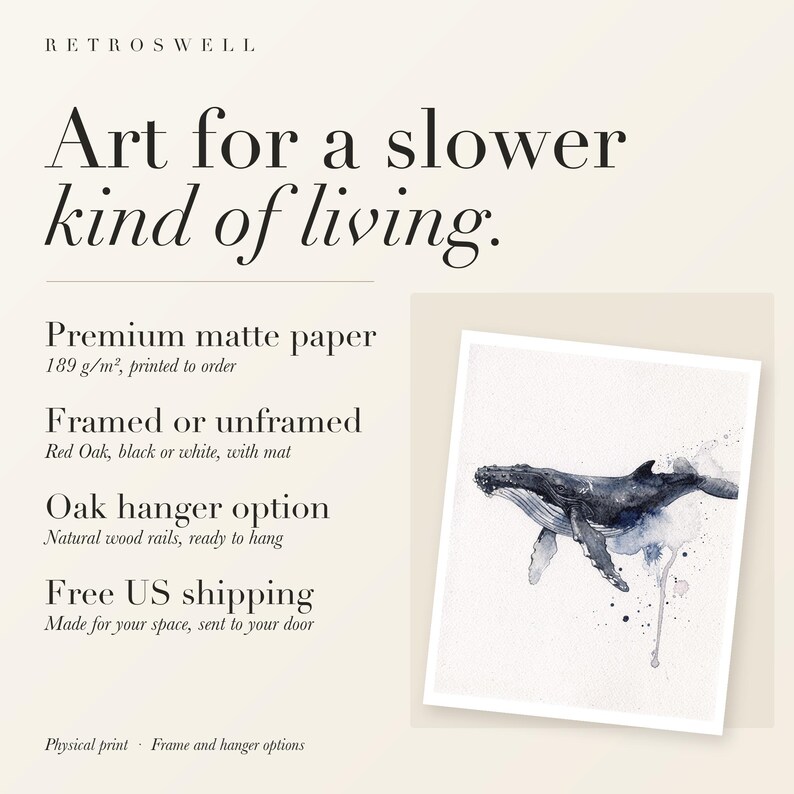 RetroSwell print details for Humpback Whale: premium 189 g/m² matte paper, framed or unframed, oak hanger option, free US shipping.