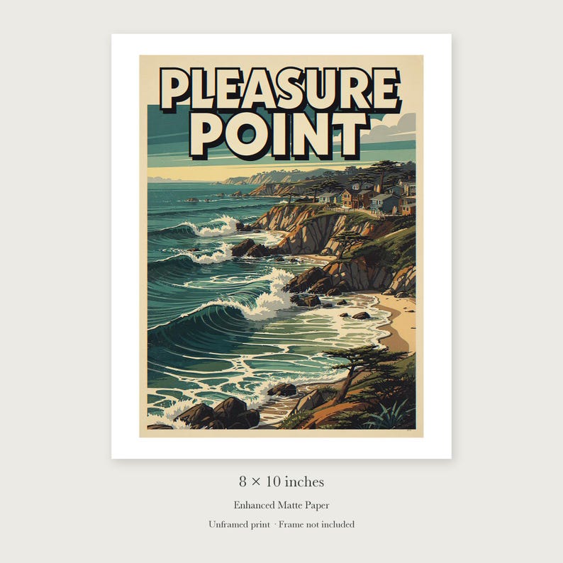 Pleasure Point Surf unframed 8 by 10 inch print on enhanced matte paper, shown with its white paper border.