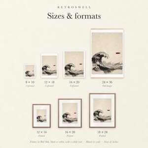 Sizes and formats for Wave Ink Style, shown to scale: unframed prints, oak hanger and framed prints.