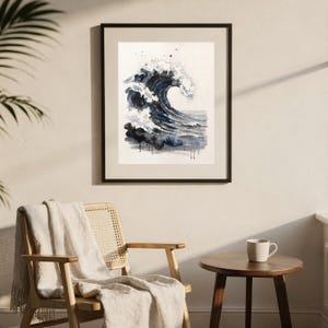 Storm Wave Watercolor Print, Dark Indigo Ocean Art, Moody Coastal Wall Decor, Large Seascape Painting, Printable Wall Art Digital Download image 8
