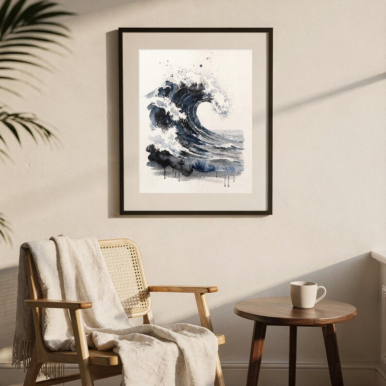 Storm Wave Watercolor Print, Dark Indigo Ocean Art, Moody Coastal Wall Decor, Large Seascape Painting, Printable Wall Art Digital Download image 8