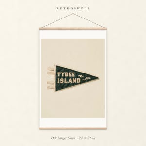 Tybee Island, Georgia Surf Pennant oak hanger poster, 24 by 36 inches, with natural wood rails and a hanging cord.
