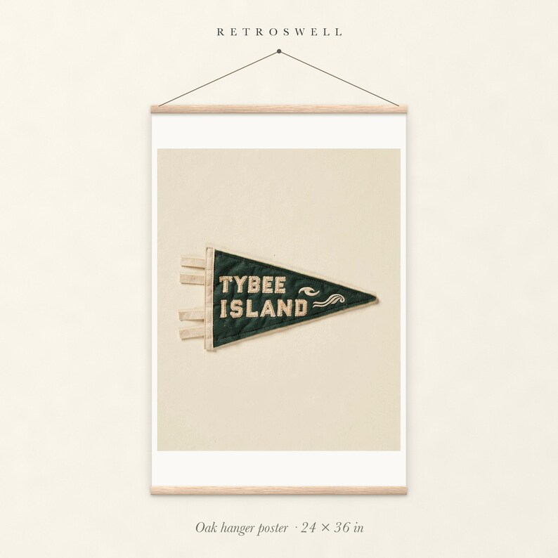 Tybee Island, Georgia Surf Pennant oak hanger poster, 24 by 36 inches, with natural wood rails and a hanging cord.