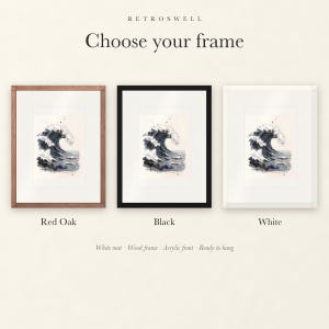 Frame options for Storm Wave Watercolor: Red Oak, black and white wood frames, each with a white mat.