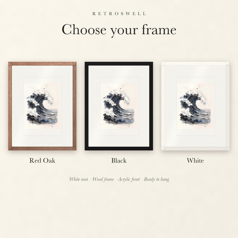 Frame options for Storm Wave Watercolor: Red Oak, black and white wood frames, each with a white mat.