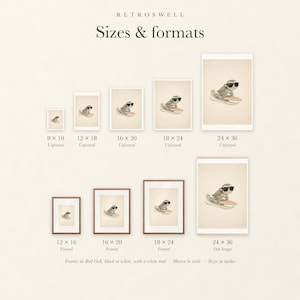 Sizes and formats for Surfing Sea Turtle, shown to scale: unframed prints from 8 by 10 to 24 by 36 inches, oak hanger and framed prints.