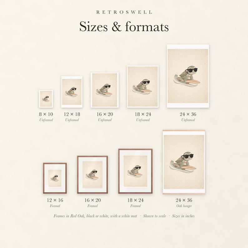 Sizes and formats for Surfing Sea Turtle, shown to scale: unframed prints from 8 by 10 to 24 by 36 inches, oak hanger and framed prints.