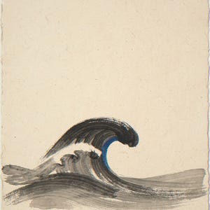Curling wave with blue accent unframed printed artwork and full composition with its paper border.