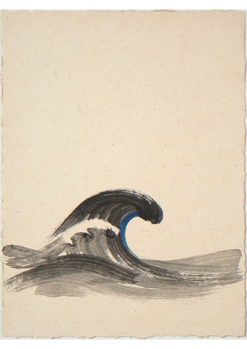 Curling wave with blue accent unframed printed artwork and full composition with its paper border.