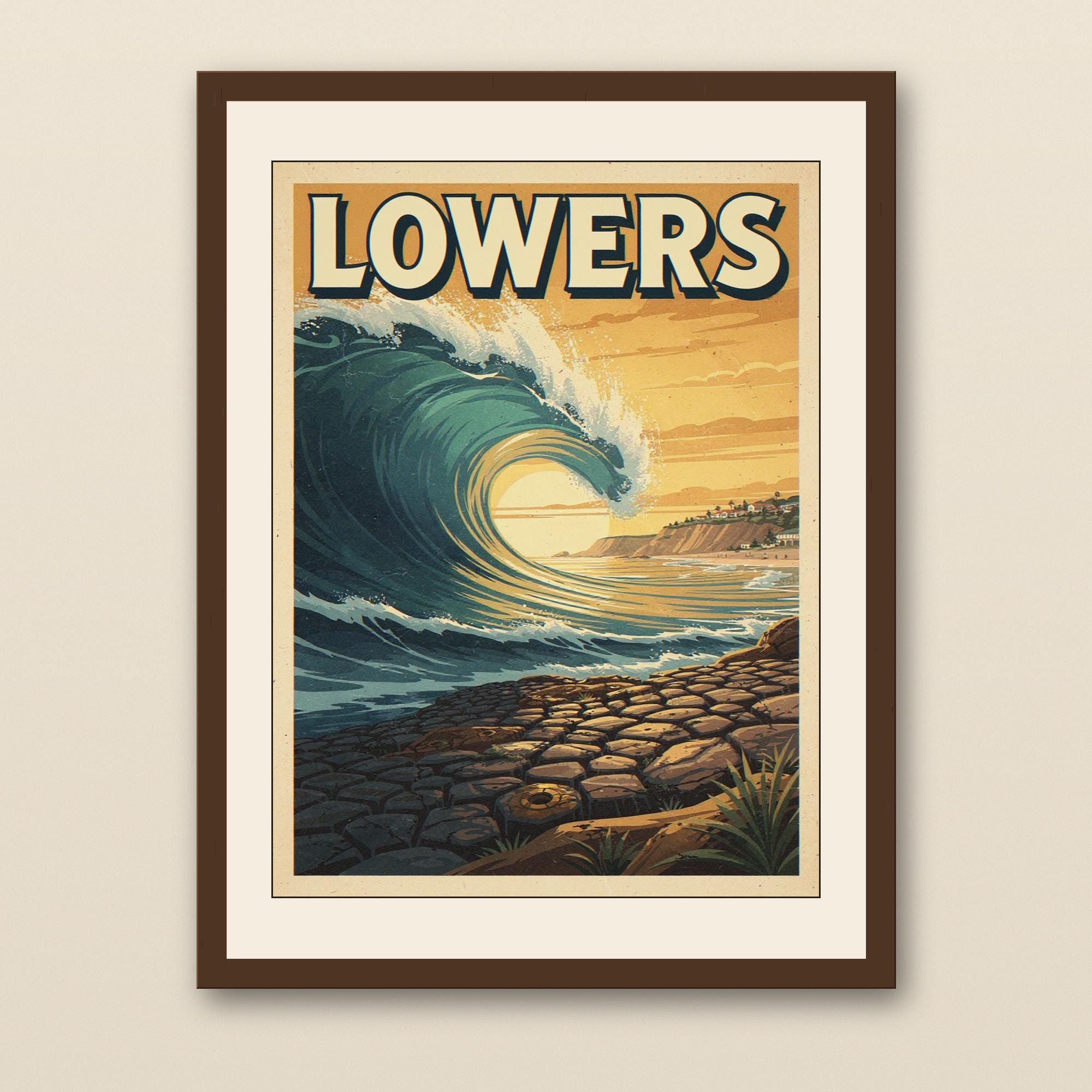 Lowers Surf Poster - walnut framed art print with cream mat on plaster wall