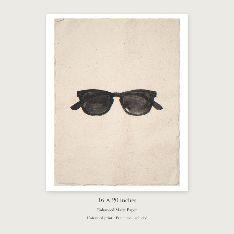 Wayfarer Sunglasses Sumi-e Ink unframed 16 by 20 inch print on enhanced matte paper, shown with its white paper border.
