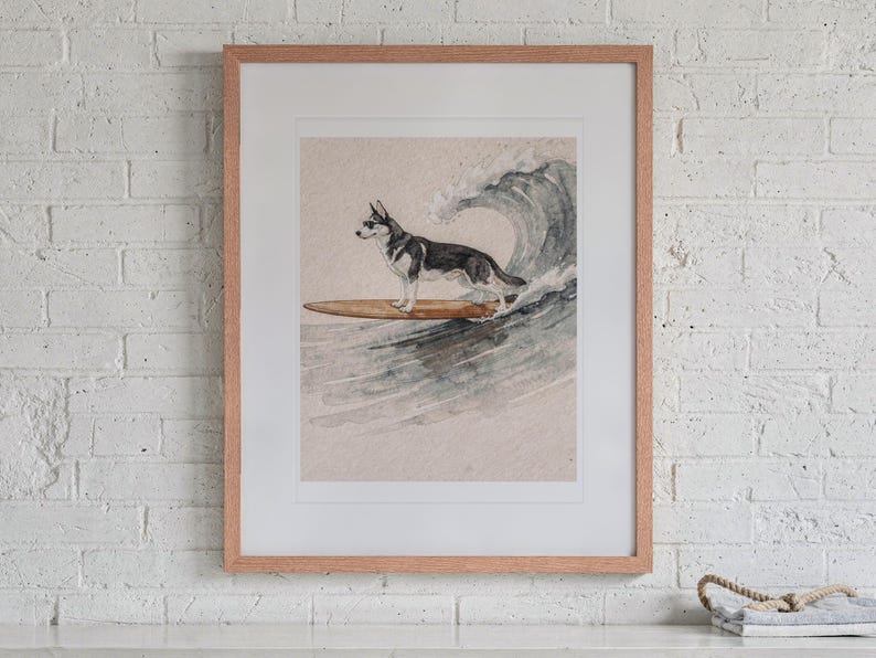 Husky Surfing Art Print