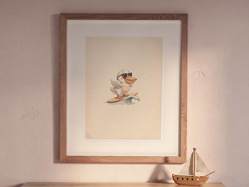 Pelican Surfing print in a Red Oak frame with a white mat, hanging above the bookshelf in a nursery.