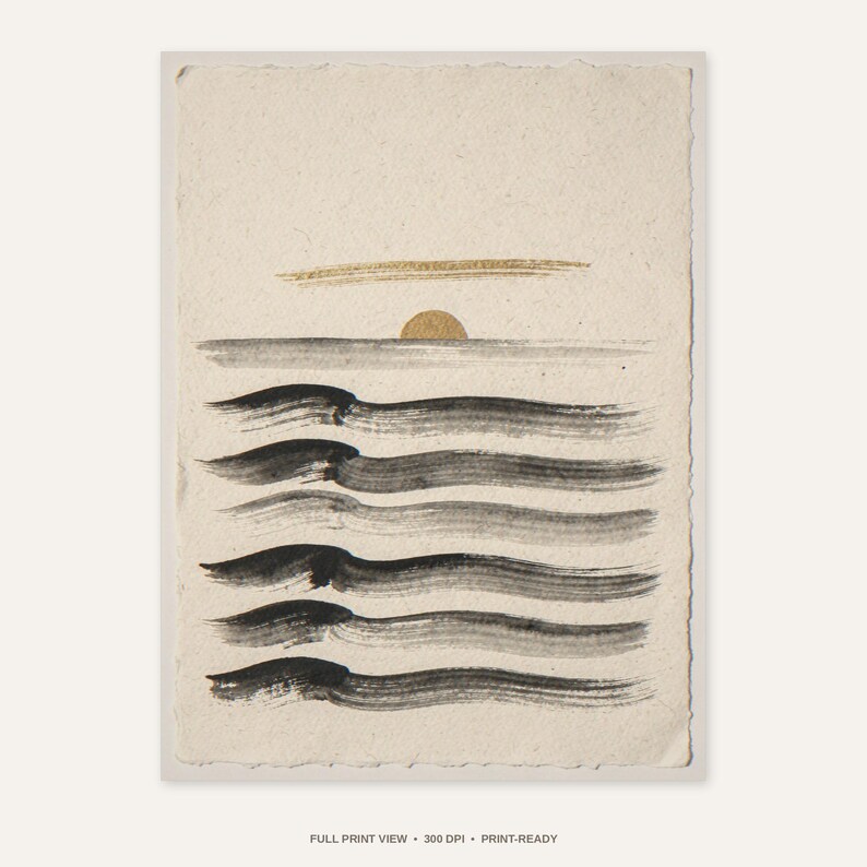 Sumi-e Seven Waves with Gold Accent Print - full unframed print view, 300 DPI print-ready quality