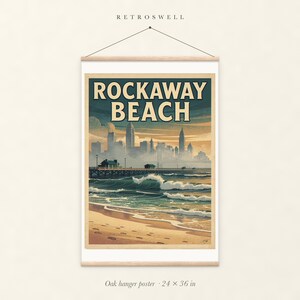 Rockaway Beach Surf oak hanger poster, 24 by 36 inches, with natural wood rails and a hanging cord.