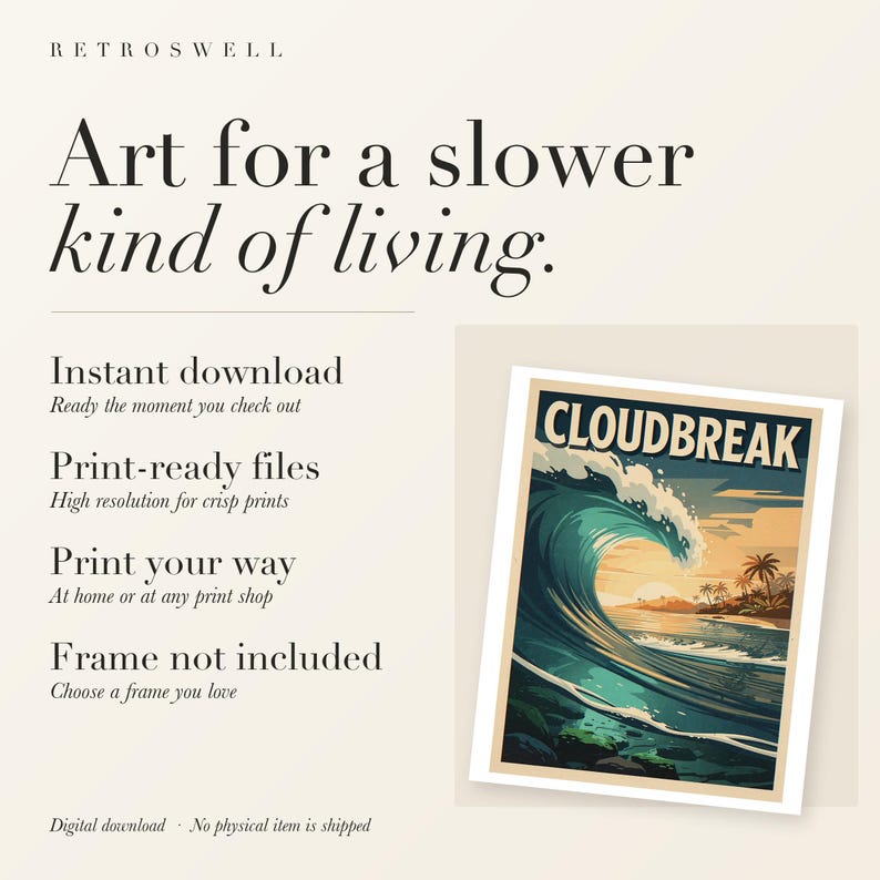RetroSwell digital download details: instant download, print-ready high-resolution files, print at home or at any print shop. Frame not included.