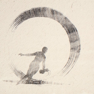 Sumi-e Dawn Patrol Surfer Print framed in a home office setting