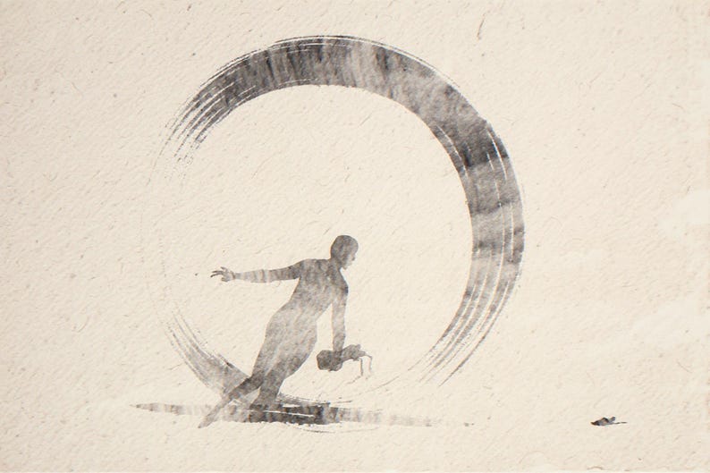 Sumi-e Dawn Patrol Surfer Print framed in a home office setting
