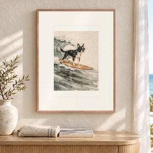 Boston Terrier Surfing Art Print, Framed or Unframed Coastal Dog Poster image 12