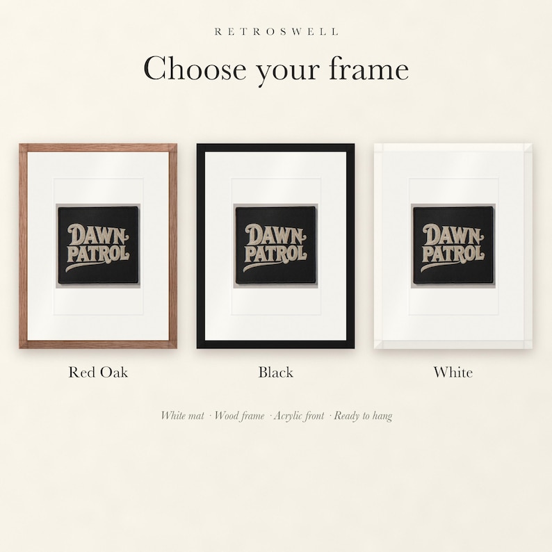 Frame options for Dawn Patrol Patch: Red Oak, black and white wood frames, each with a white mat.