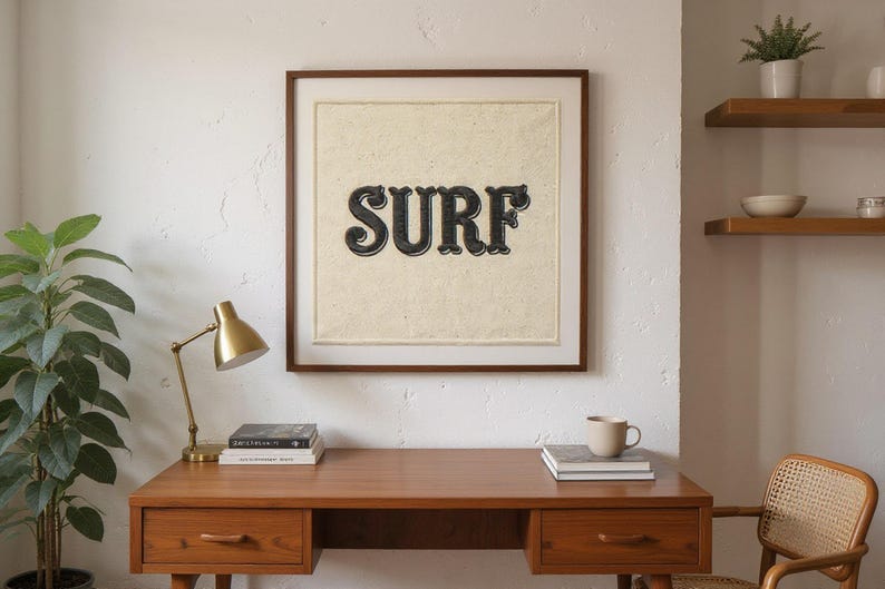 Surf Embroidered Patch Print framed in a home office setting