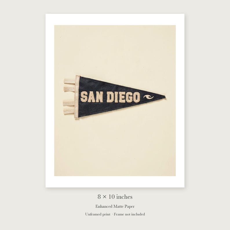 San Diego Surf Pennant unframed 8 by 10 inch print on enhanced matte paper, shown with its white paper border.