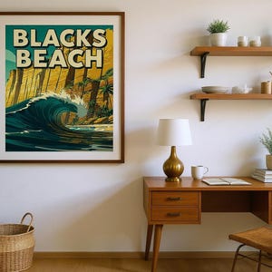 Blacks Beach Surf Poster framed in a home office setting