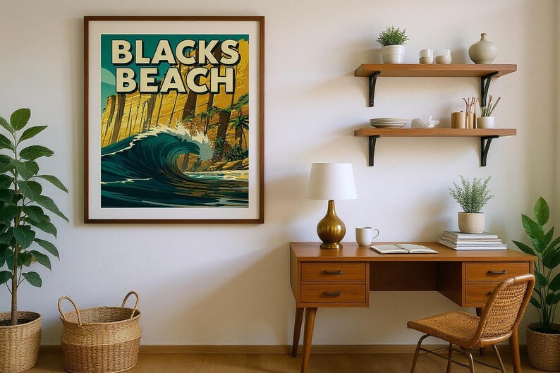 Blacks Beach Surf Poster framed in a home office setting