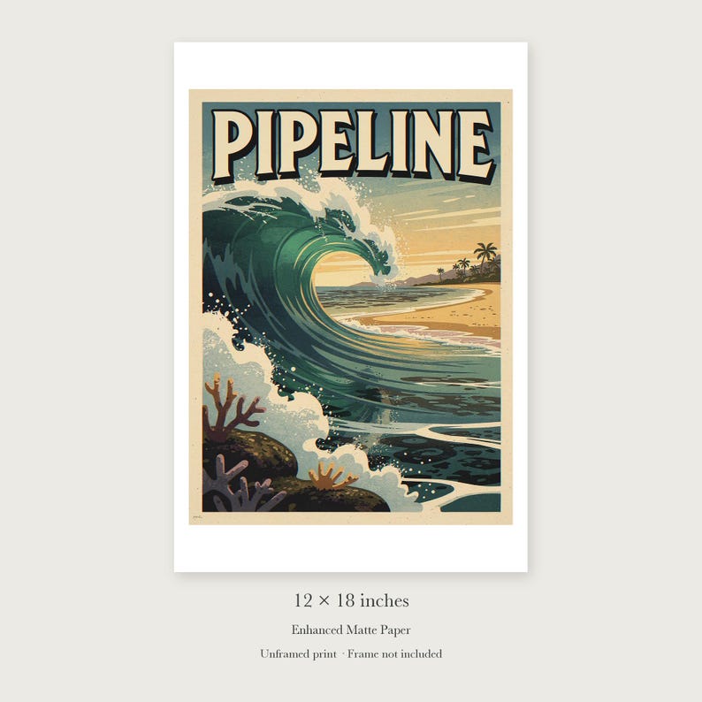Pipeline Hawaii Surf unframed 12 by 18 inch print on enhanced matte paper, shown with its white paper border.