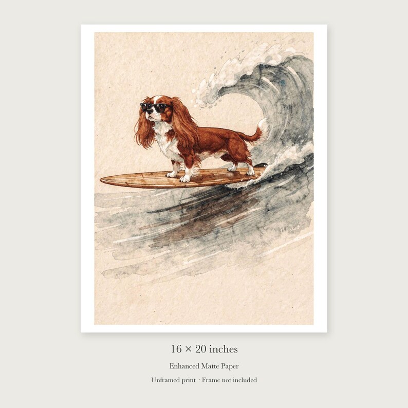 Cavalier King Charles Spaniel Surfing unframed 16 by 20 inch print on enhanced matte paper, shown with its white paper border.