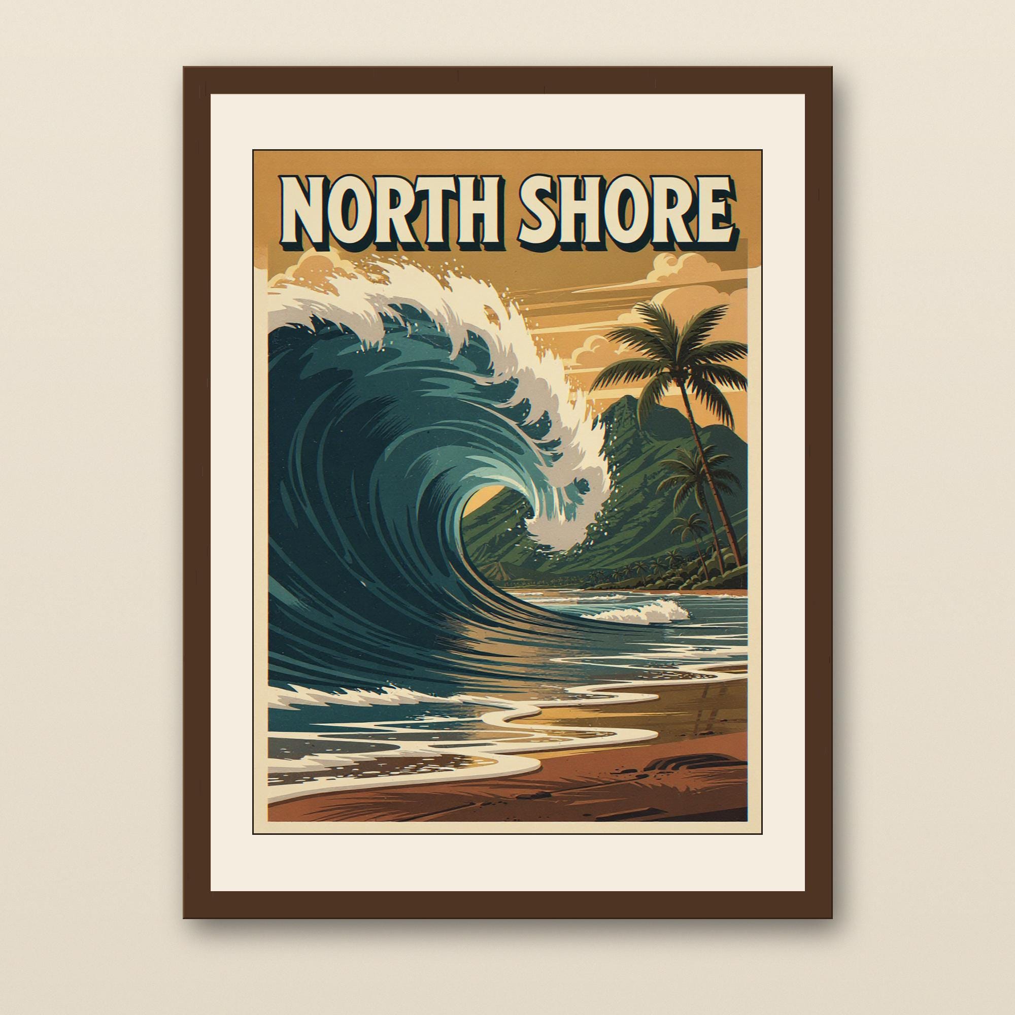North Shore Hawaii Surf Poster - walnut framed art print with cream mat on plaster wall