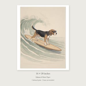 Beagle Surfing unframed 16 by 20 inch print on enhanced matte paper, shown with its white paper border.