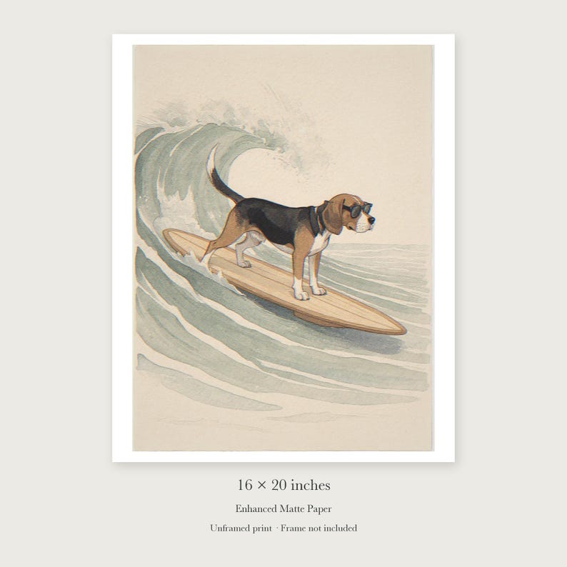 Beagle Surfing unframed 16 by 20 inch print on enhanced matte paper, shown with its white paper border.