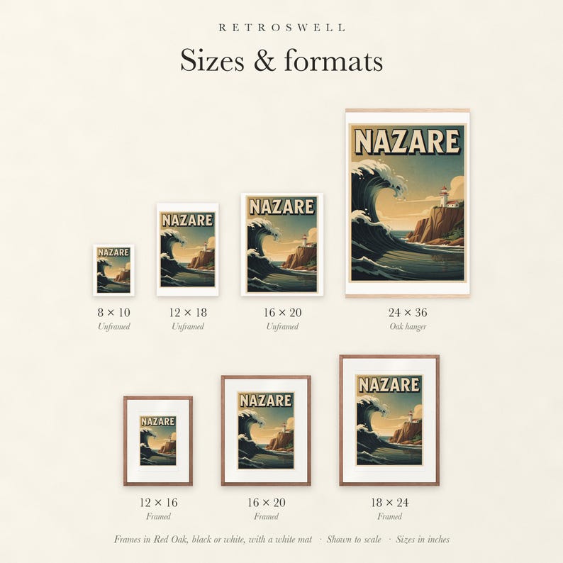 Sizes and formats for Nazare Surf, shown to scale: unframed prints, oak hanger and framed prints.