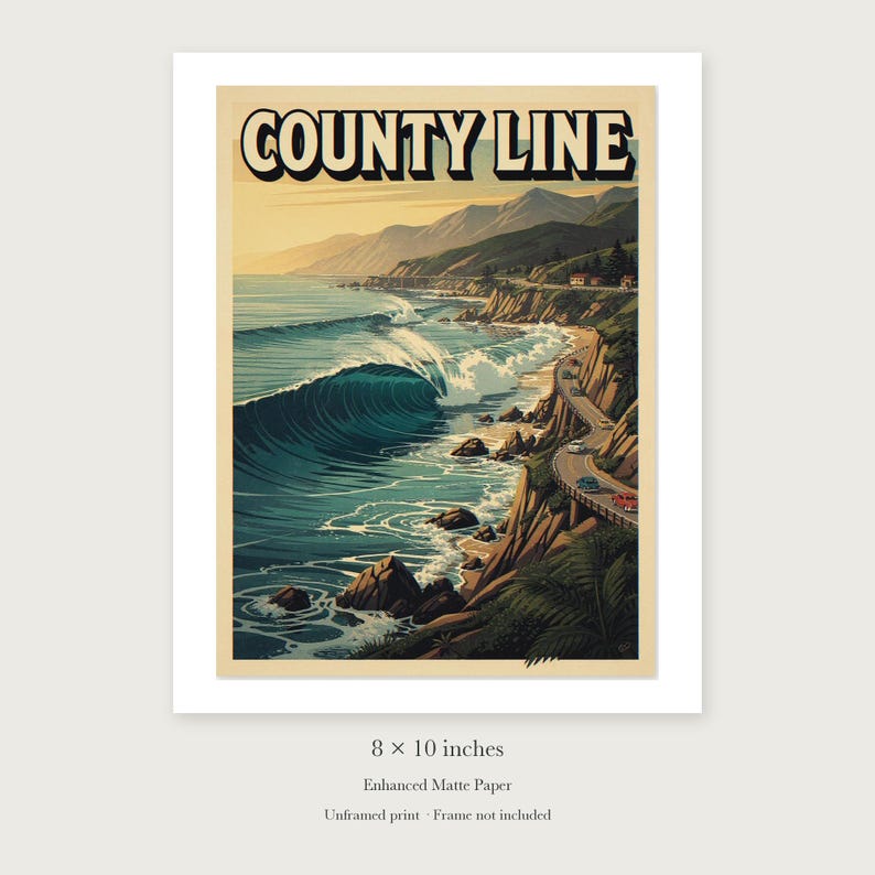County Line Surf Travel Poster, Framed or Unframed Vintage Style Coastal Print image 7