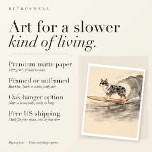 RetroSwell print details for Australian Shepherd Surfing: premium 189 g/m² matte paper, framed or unframed, oak hanger option, free US shipping.